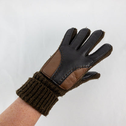 Interpur Vintage Brown Knit Fabric Vinyl Patch Gloves Womens One Size