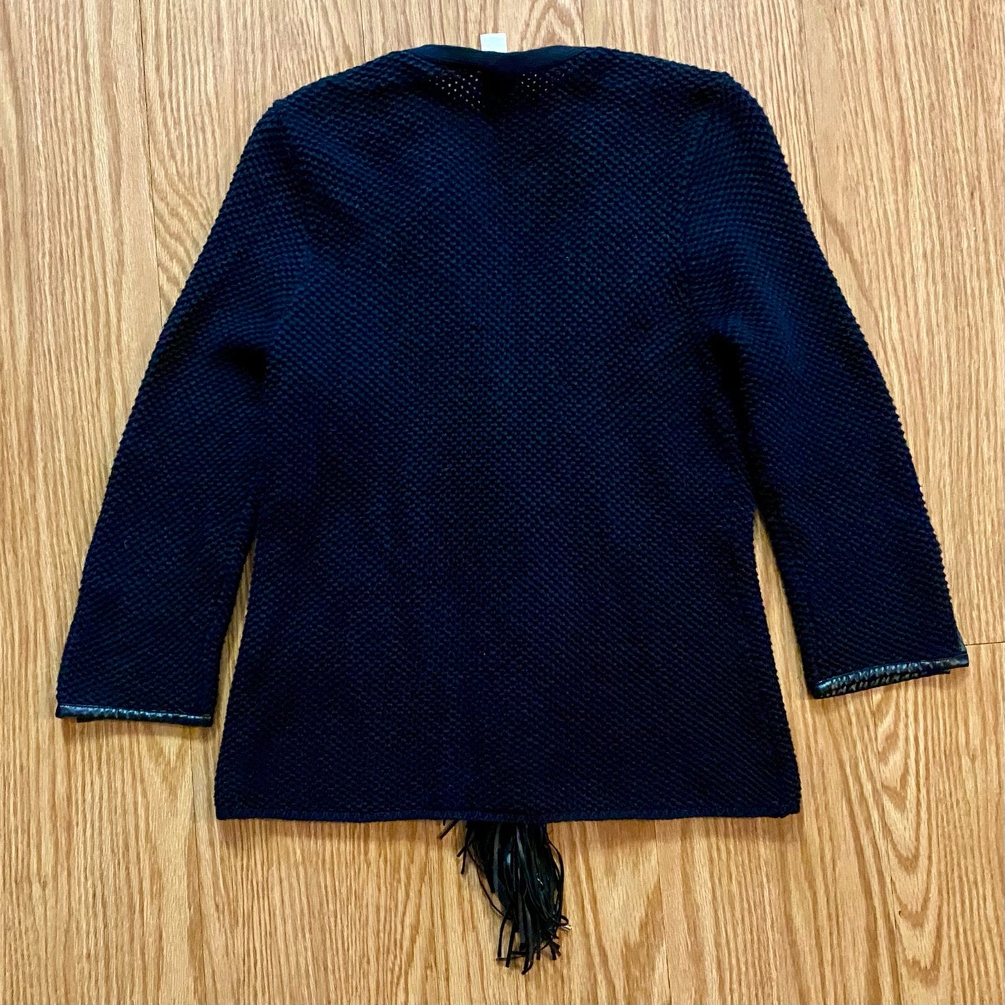 Chicos Black Knit Fringe Leather Cardigan Jacket Womens Small