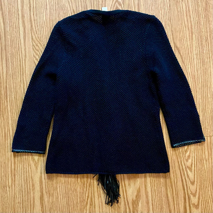 Chicos Black Knit Fringe Leather Cardigan Jacket Womens Small