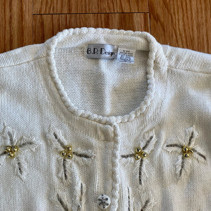 BP Design Vintage Ramie Knit Holly Berry White Sweater Cardigan Womens XLarge