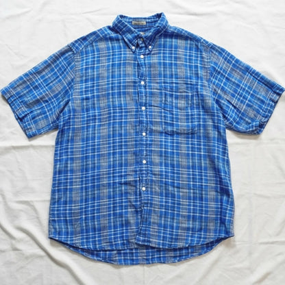 Arnold Palmer Sportswear Vintage Blue Plaid Linen Golf Shirt Mens XLarge