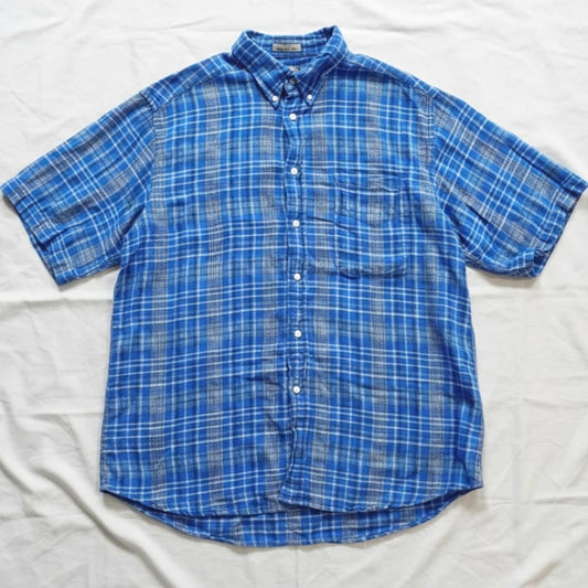 Arnold Palmer Sportswear Vintage Blue Plaid Linen Golf Shirt Mens XLarge