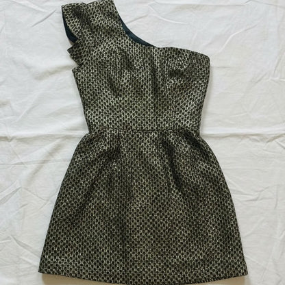 French Connection One Shoulder Gold Metallic Mini Cocktail Dress Womens 6