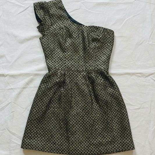 French Connection One Shoulder Gold Metallic Mini Cocktail Dress Womens 6