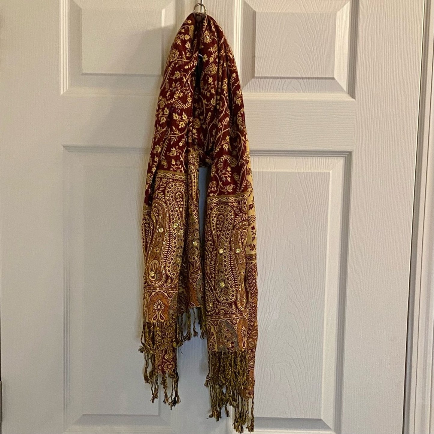 Red Gold Floral Indian Pashmina Shawl Wrap Scarf Fringe Tassel Womens One Size
