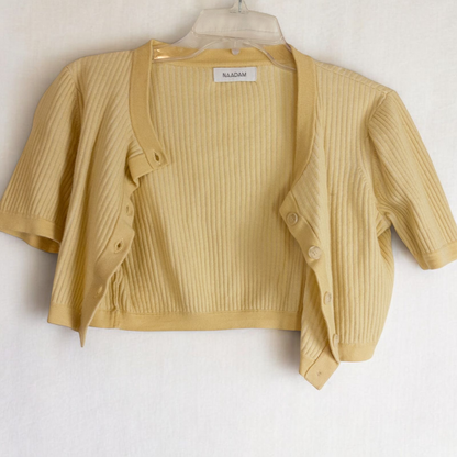 Yellow ribbed knit cropped cardigan with buttons down front and short sleeves by Naadam, size medium image 2