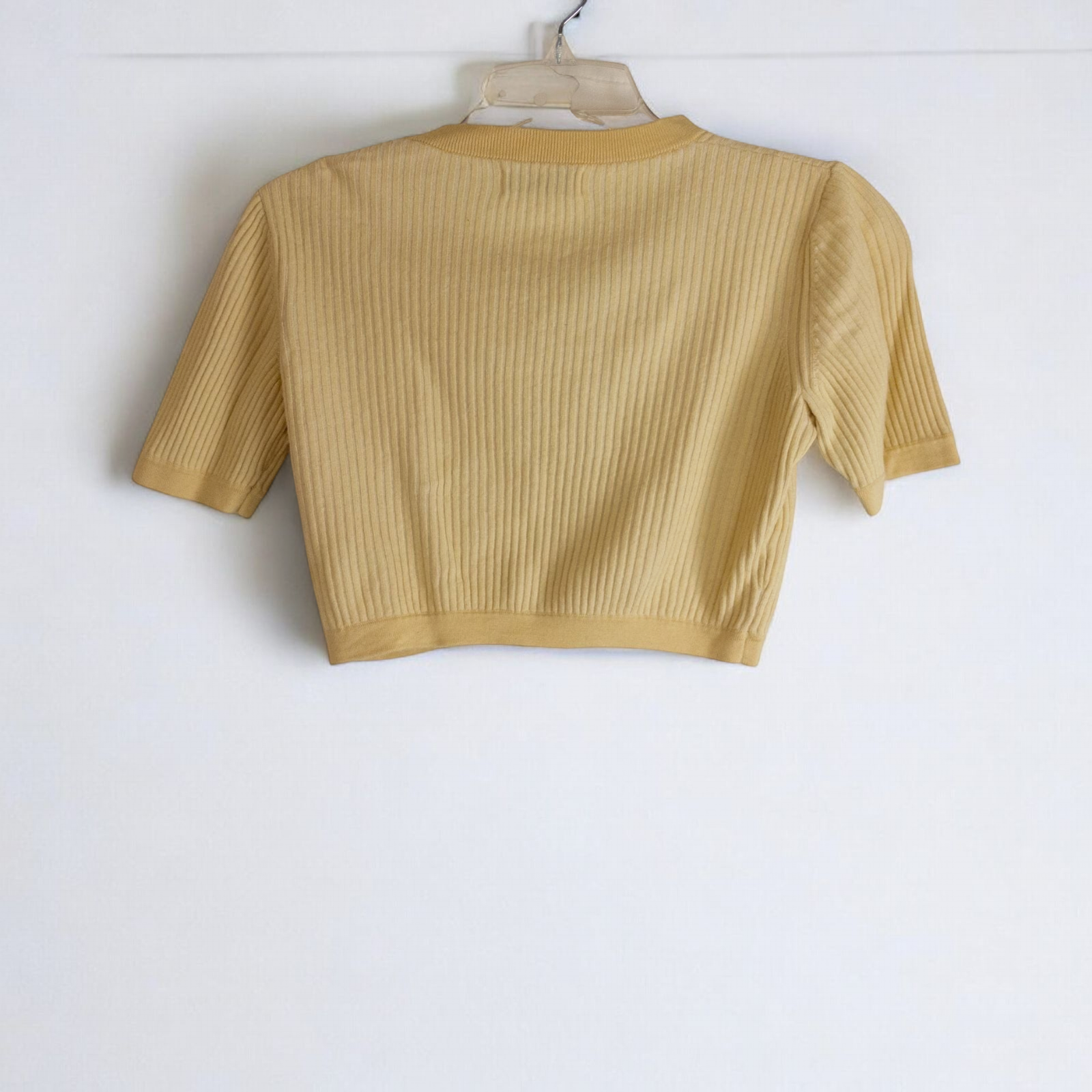 Yellow ribbed knit cropped cardigan with buttons down front and short sleeves by Naadam, size medium image 3