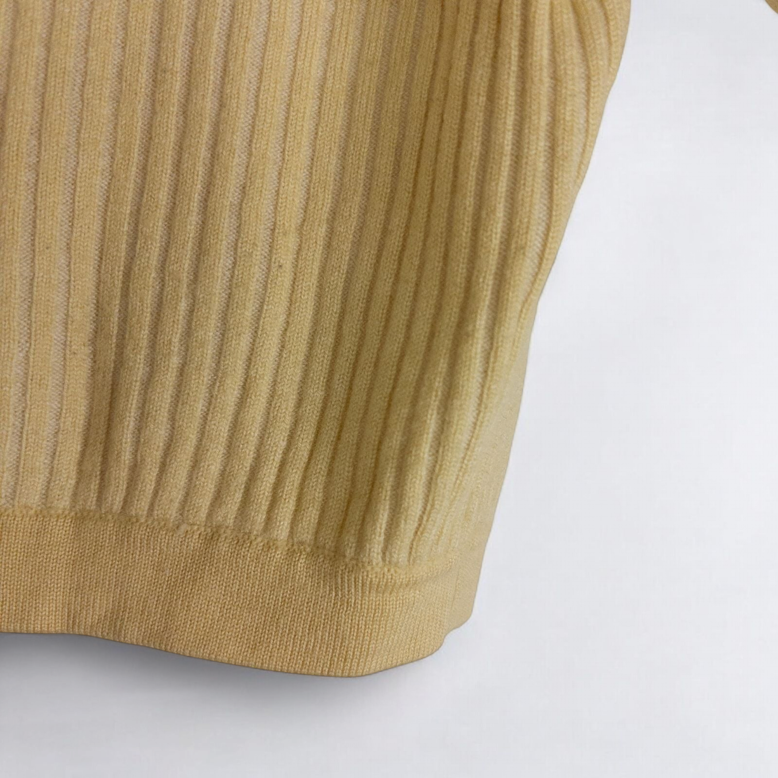 Yellow ribbed knit cropped cardigan with buttons down front and short sleeves by Naadam, size medium image 5
