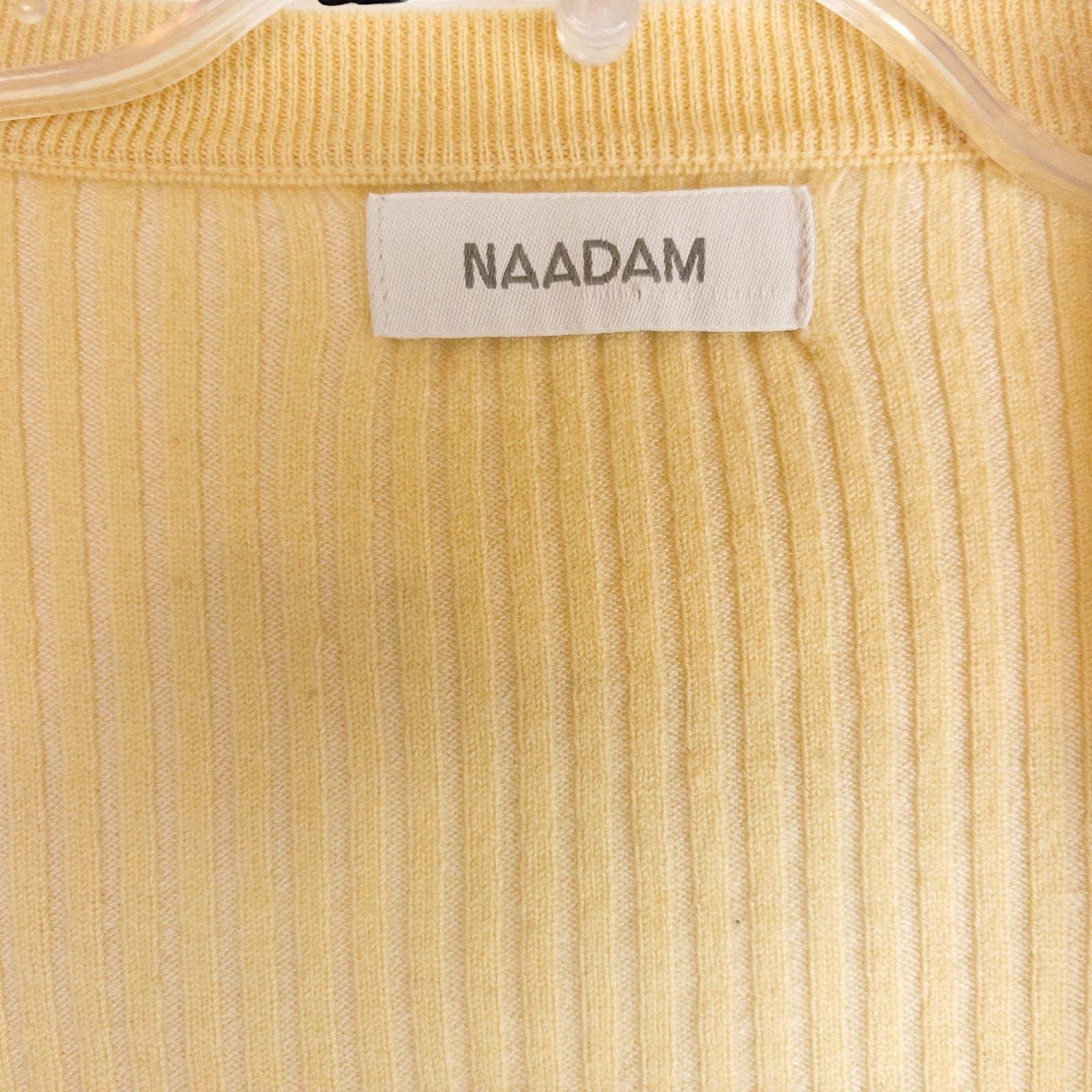 Yellow ribbed knit cropped cardigan with buttons down front and short sleeves by Naadam, size medium image 6