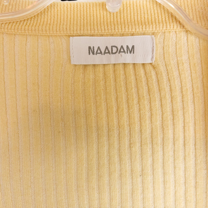 Yellow ribbed knit cropped cardigan with buttons down front and short sleeves by Naadam, size medium image 6