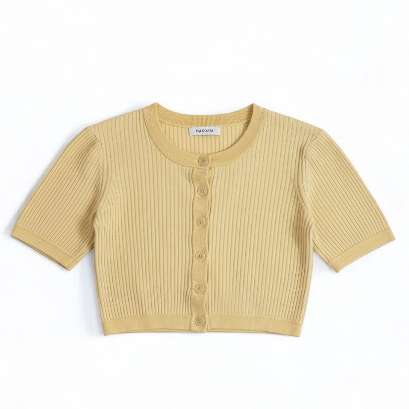 Yellow ribbed knit cropped cardigan with buttons down front and short sleeves by Naadam, size medium front on white muslin photography backdrop