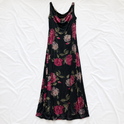 Jeffrey & Dara Vintage Velvet Black Red Roses Floral Maxi Dress Womens 12 Large