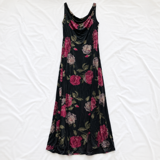 Jeffrey & Dara Vintage Velvet Black Red Roses Floral Maxi Dress Womens 12 Large