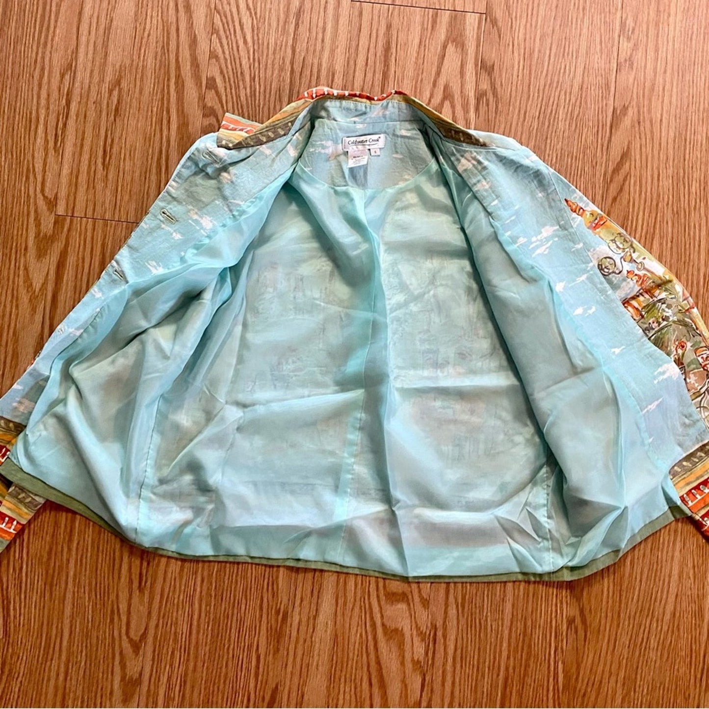 Coldwater Creek Villa Cityscape Blue Retro Linen Jacket Shacket Womens Small
