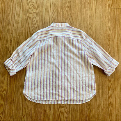 Chicos Striped Pink Orange Linen Button-up Shirt Top Womens XLarge 16/18