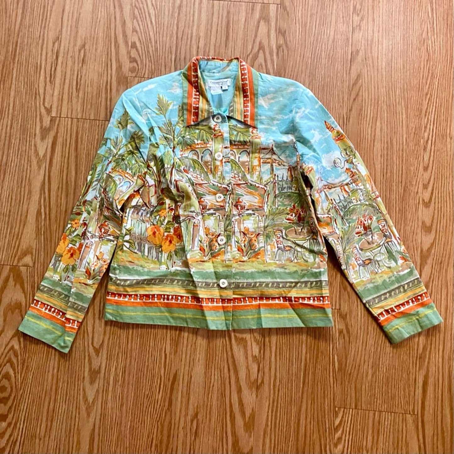 Coldwater Creek Villa Cityscape Blue Retro Linen Jacket Shacket Womens Small