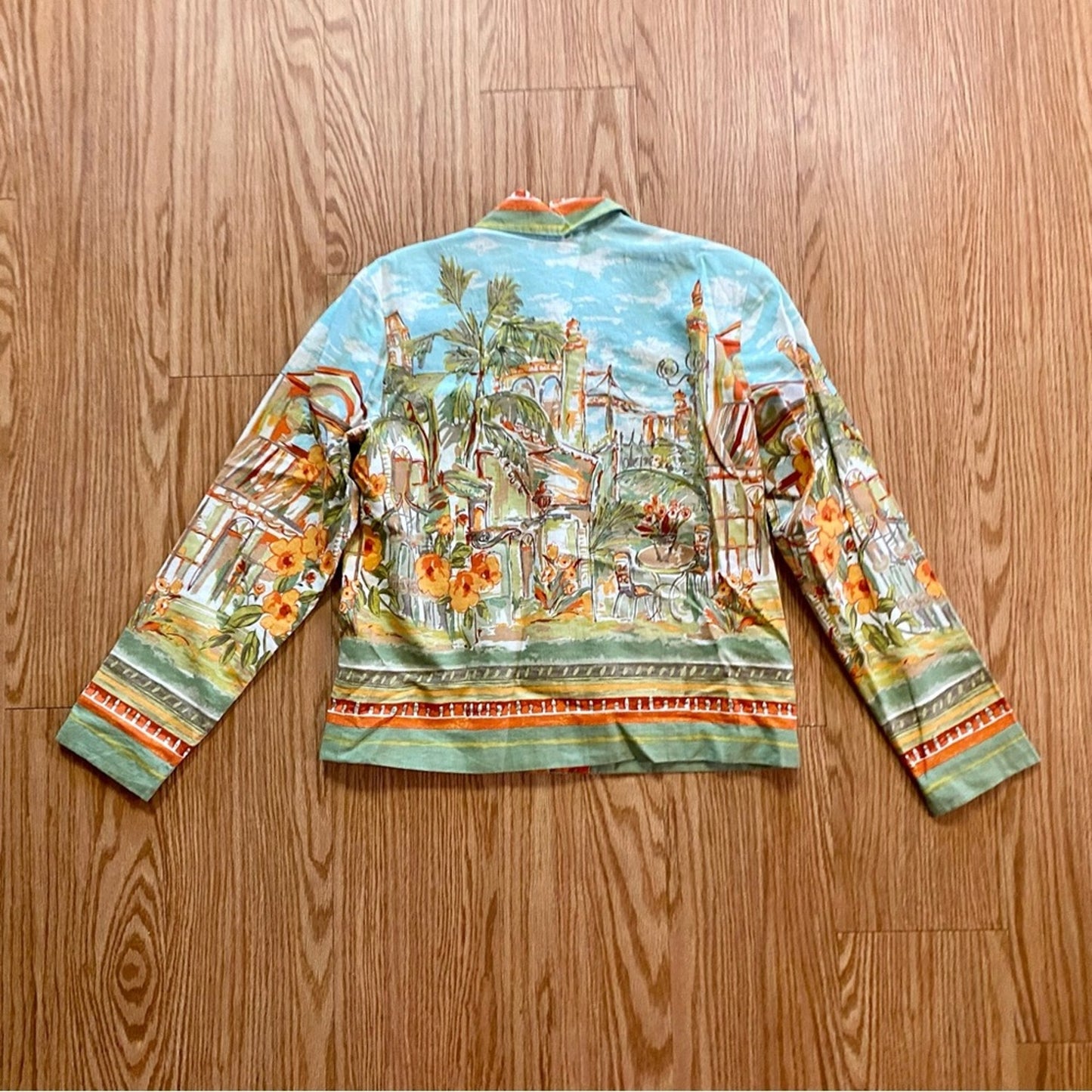Coldwater Creek Villa Cityscape Blue Retro Linen Jacket Shacket Womens Small
