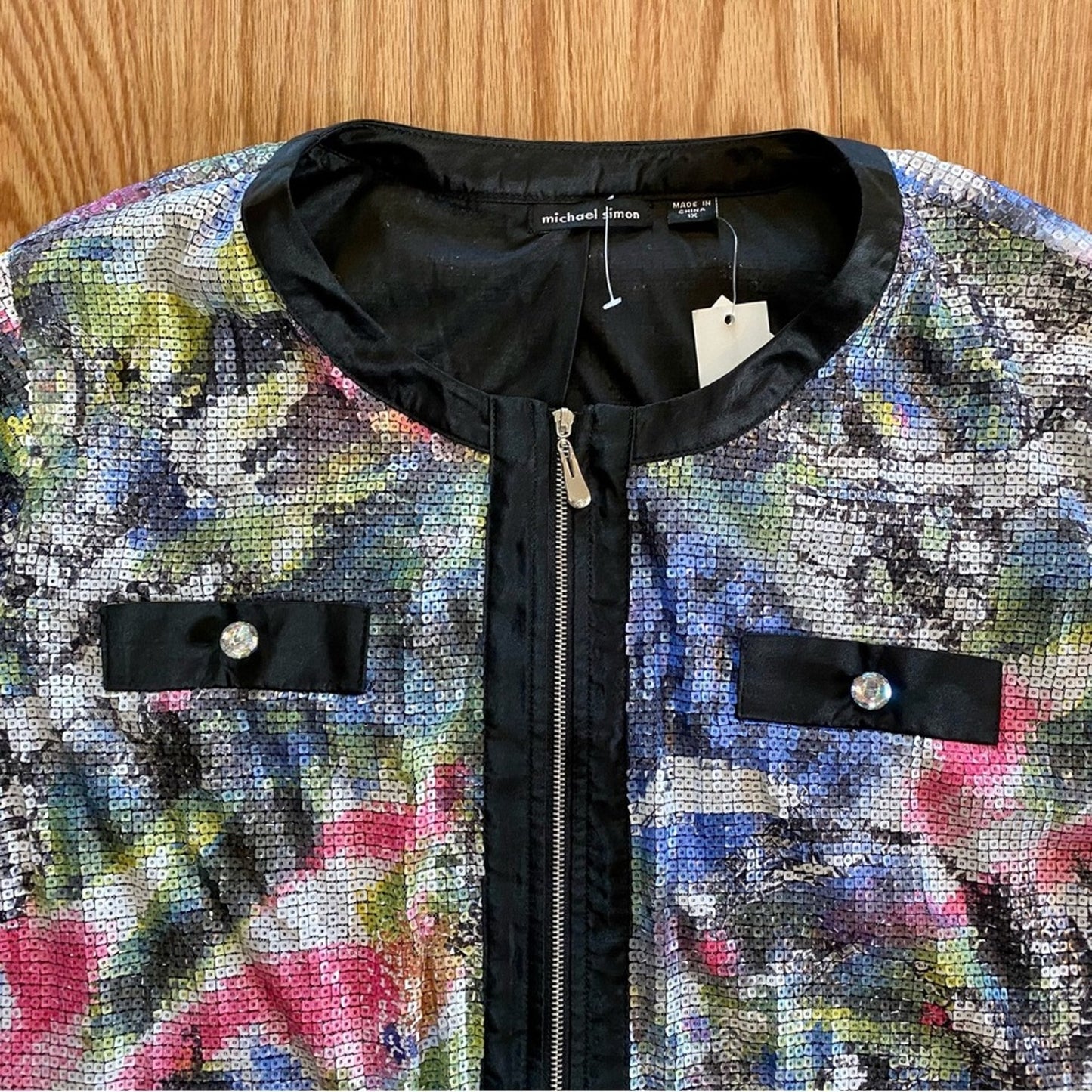 Michael Simon Multicolor Sequin Purple Bomber Jacket Shacket Womens 1X Plus