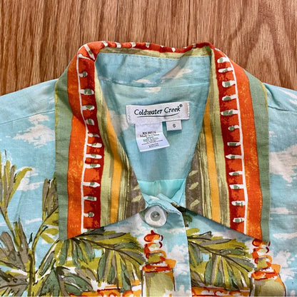 Coldwater Creek Villa Cityscape Blue Retro Linen Jacket Shacket Womens Small