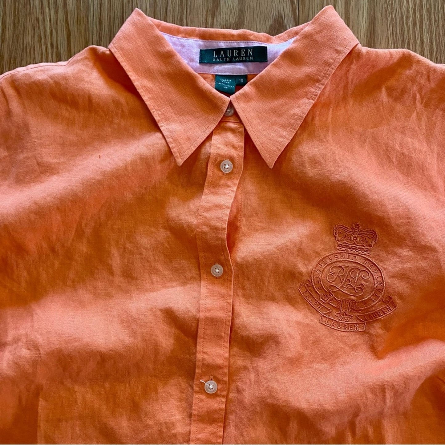 Lauren Ralph Lauren Orange Linen Button-up Shirt Top Blouse Womens 1x Plus Size
