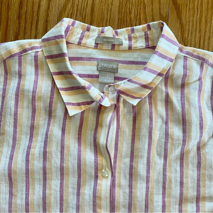 Chicos Striped Pink Orange Linen Button-up Shirt Top Womens XLarge 16/18
