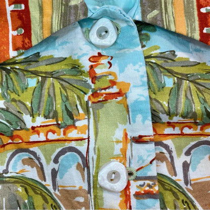 Coldwater Creek Villa Cityscape Blue Retro Linen Jacket Shacket Womens Small