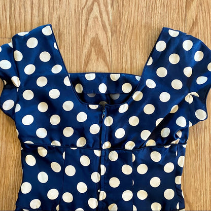 Vintage 1950s Blue Polka Dot Bow Midi Pin-up Dress Womens 0 XSmall