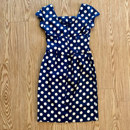 Vintage 1950s Blue Polka Dot Bow Midi Pin-up Dress Womens 0 XSmall