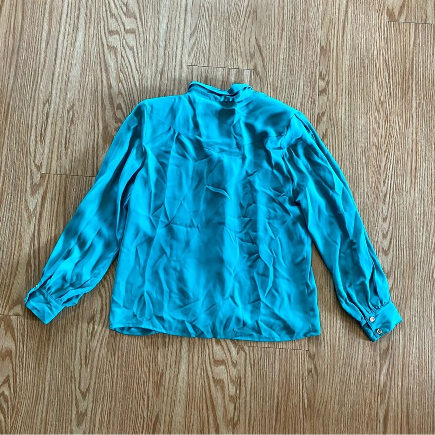 Chaus Vintage Teal Green Sheer Pleated Bow Tie Blouse Womens 12 Large