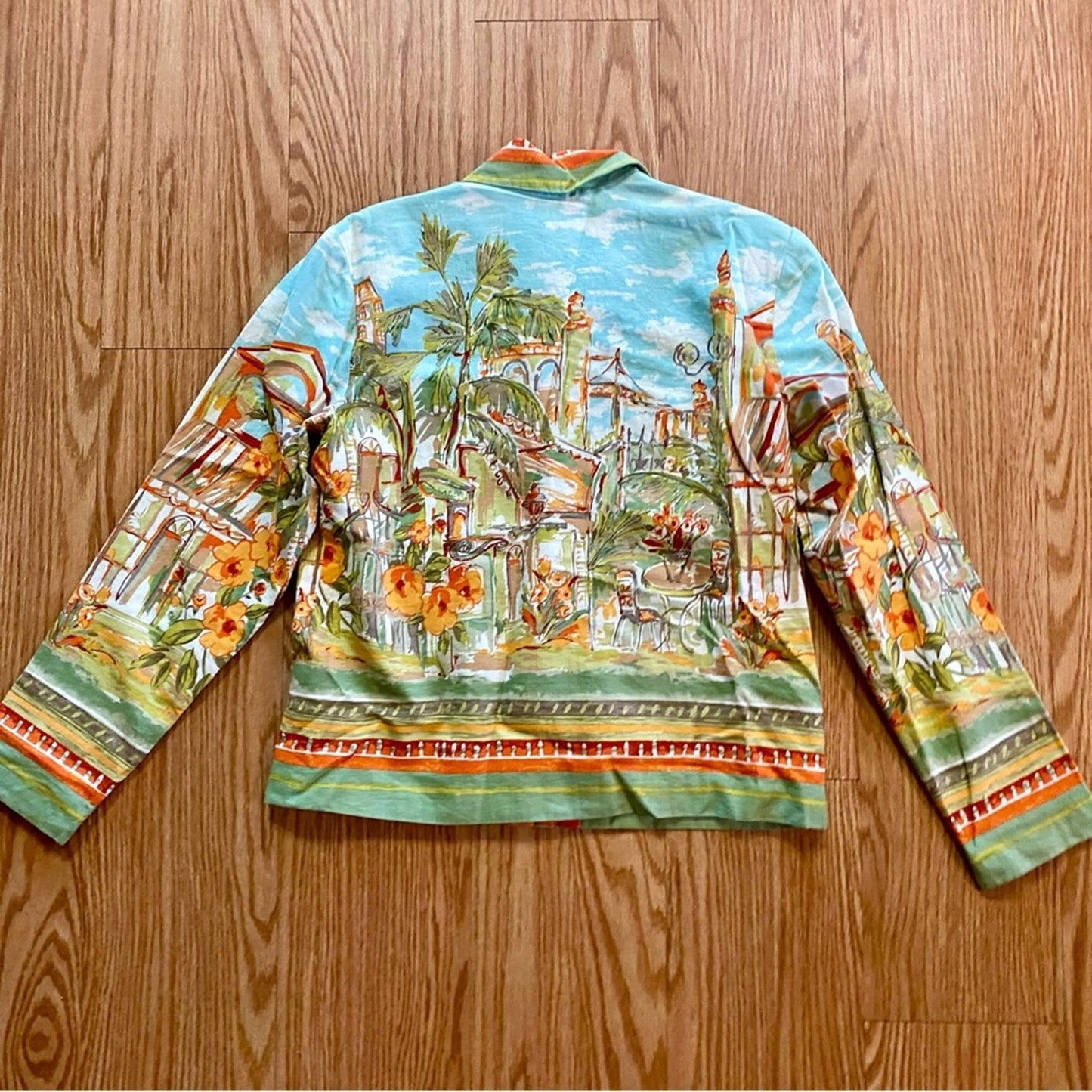 Coldwater Creek Villa Cityscape Blue Retro Linen Jacket Shacket Womens Small
