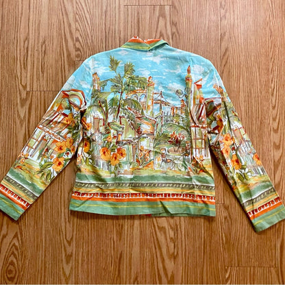 Coldwater Creek Villa Cityscape Blue Retro Linen Jacket Shacket Womens Small
