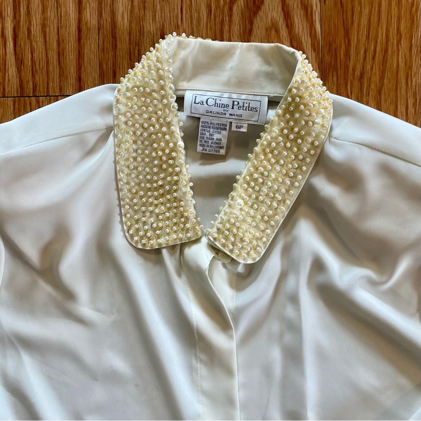 La Chine Petites Vintage Ivory Sheer Sequin Collar Blouse Womens 6 Petites