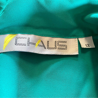 Chaus Vintage Teal Green Sheer Pleated Bow Tie Blouse Womens 12 Large