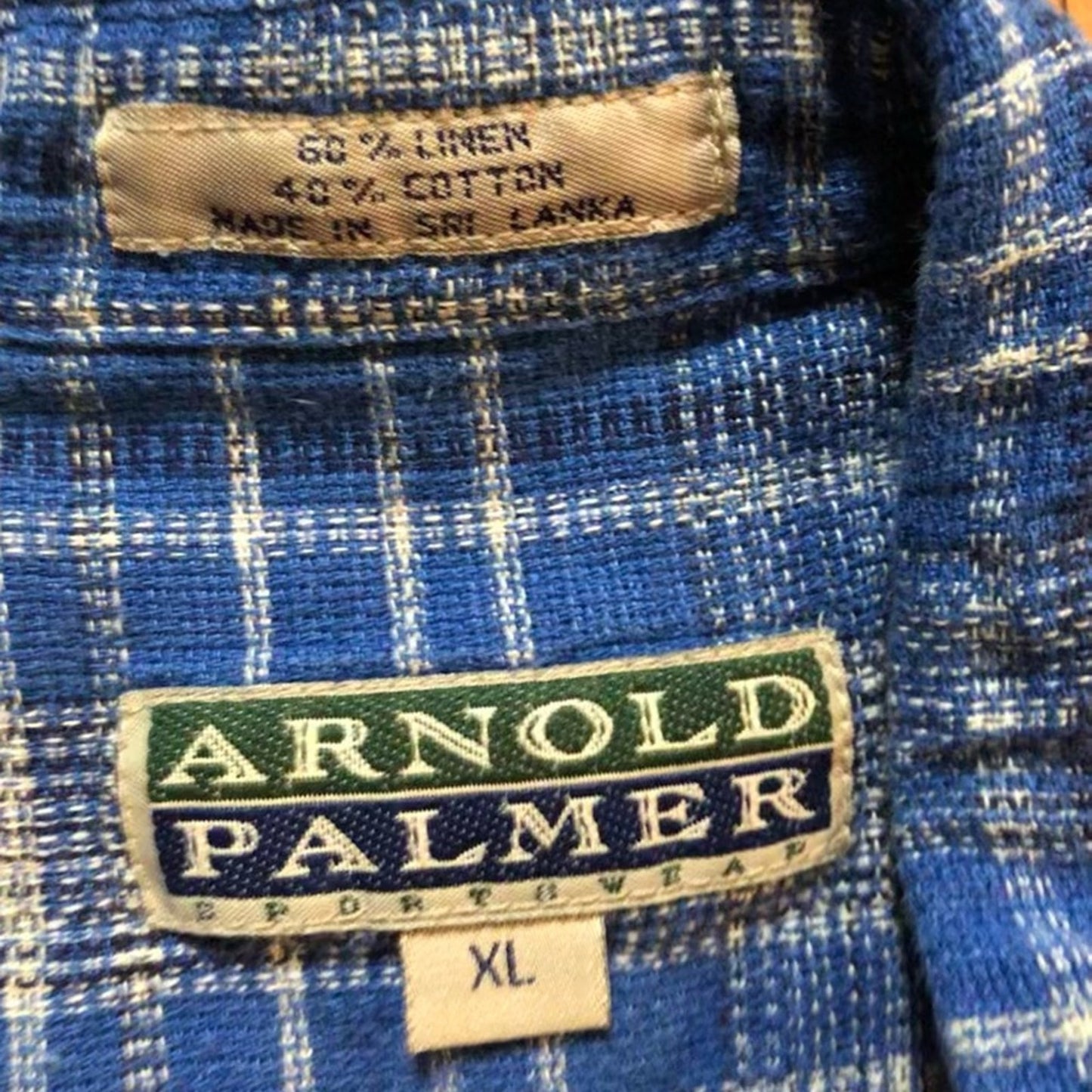 Arnold Palmer Sportswear Vintage Blue Plaid Linen Golf Shirt Mens XLarge