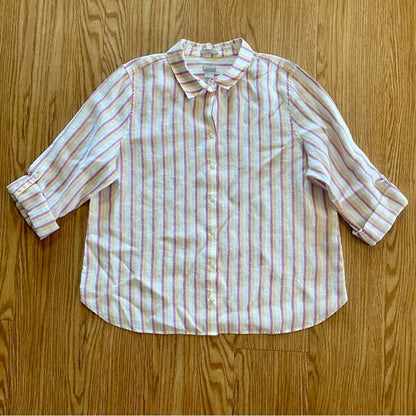 Chicos Striped Pink Orange Linen Button-up Shirt Top Womens XLarge 16/18