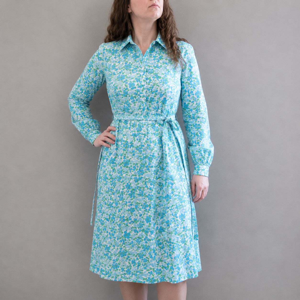 Tanner Vintage Blue Green Floral Midi Shirt Dress Womens 10 Medium