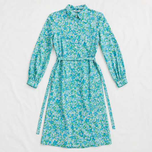 Tanner Vintage Blue Green Floral Midi Shirt Dress Womens 10 Medium